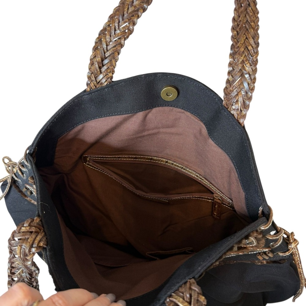 Braccialini Tua Canvas Beaded Studded Tote‎ Black Leather Embellished Detail Bag - Picture 8 of 10